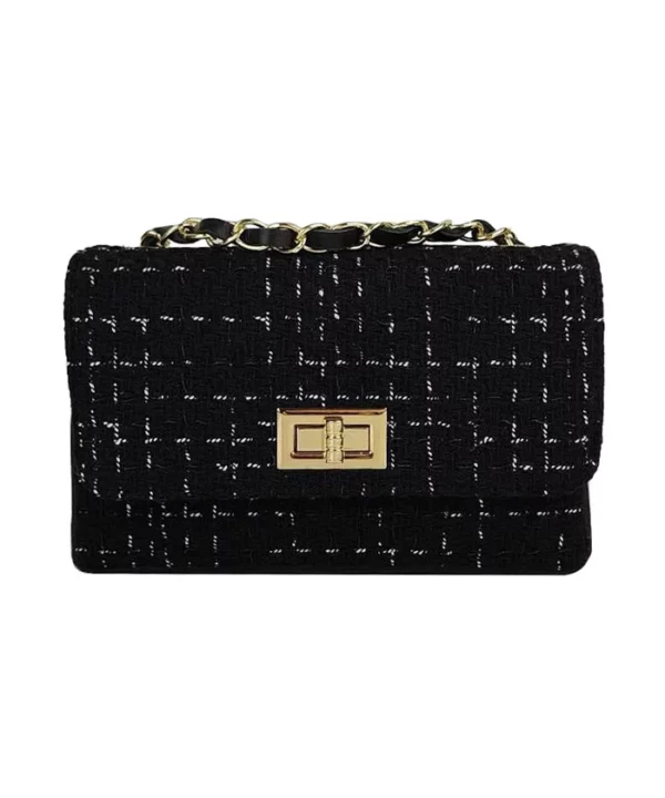 Petit sac tissé garni cuir noir avec motif blanc à bandoulière réglable, modèle chic et intemporel pour femme | Dovelya
